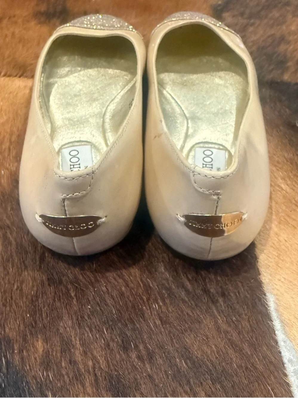 JIMMY CHOO Beige Patent Leather Glitter-Toe Whirl Flats